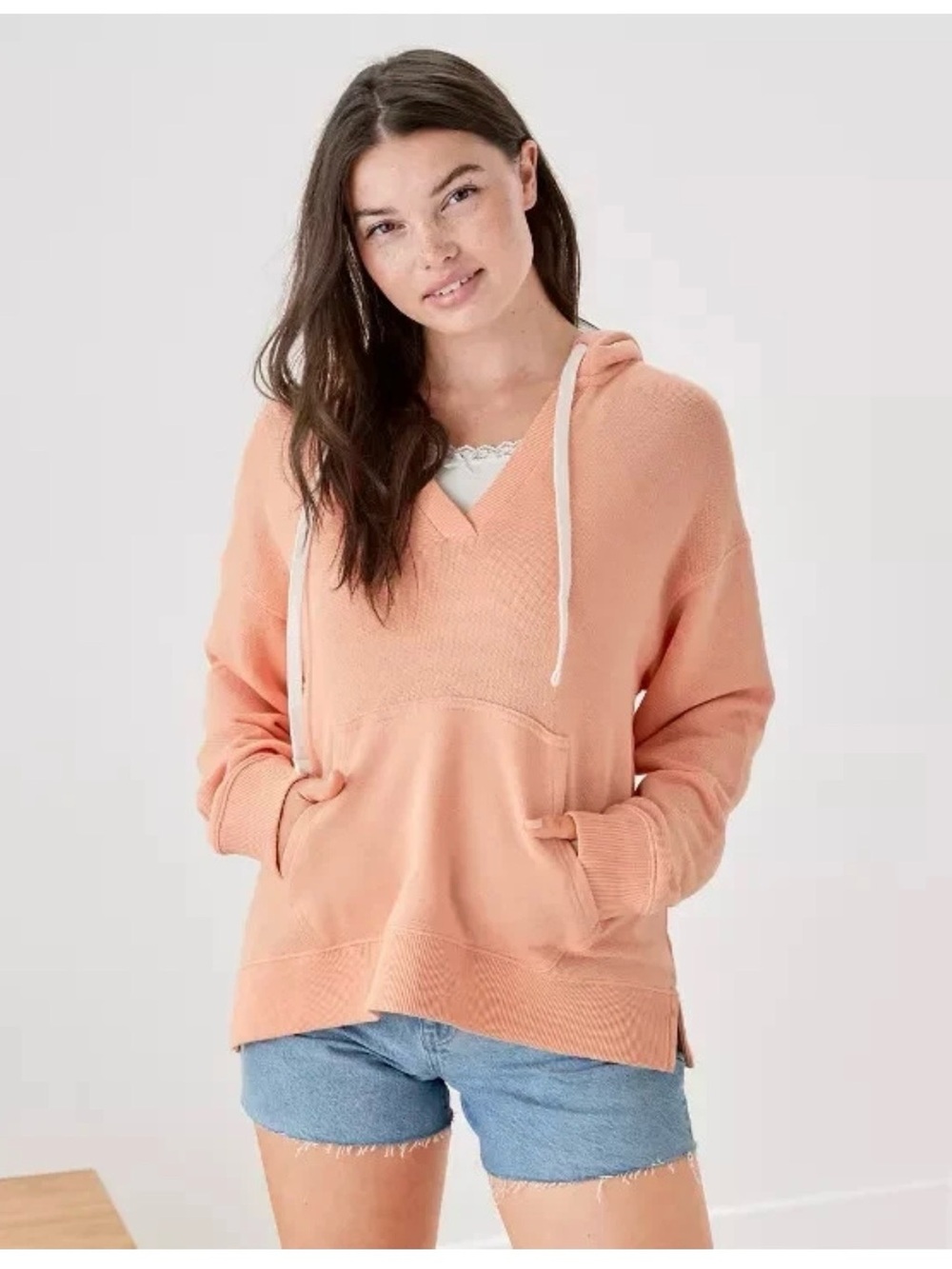 EUC American Eagle AE Beach Baja Hoodie Womens Pullover Split Sides Peach Medium